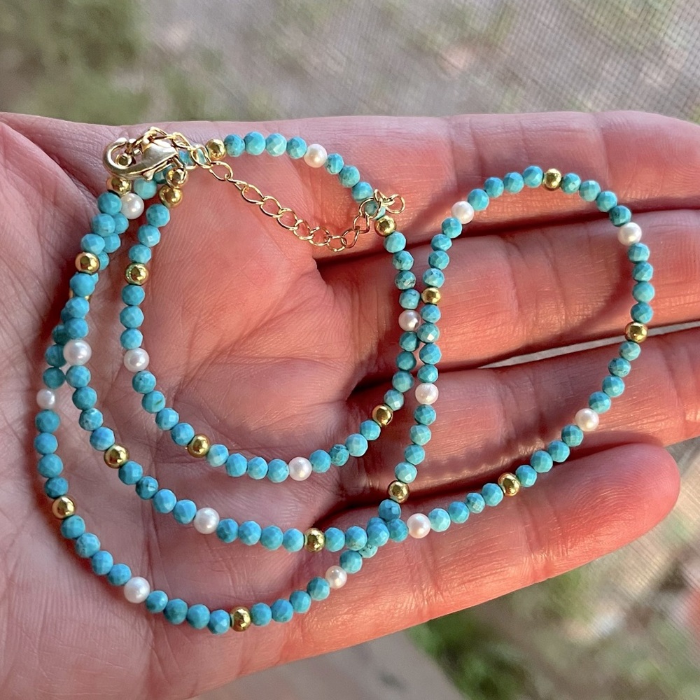 Sterling Silver, Turquoise and Pearl Bead Necklace